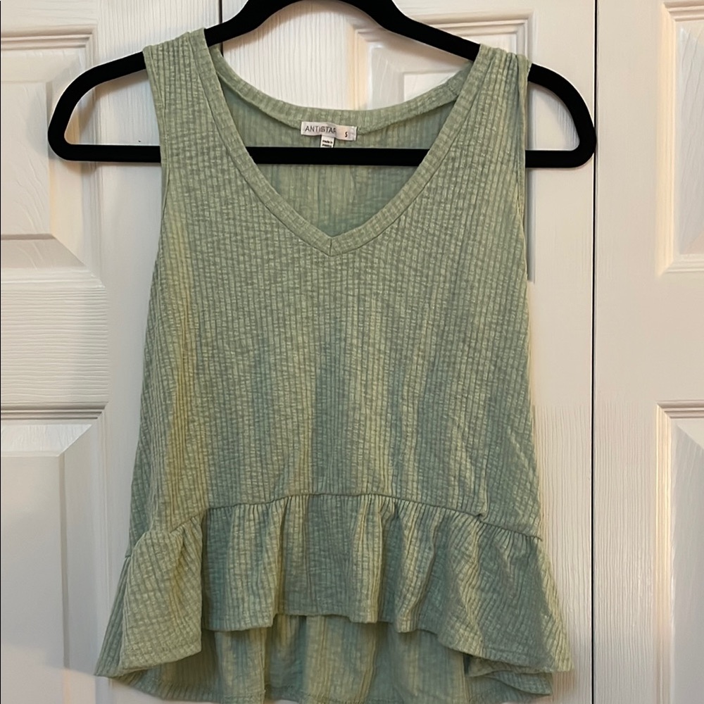Green Ruffled Peplum Sleeveless Tank Top